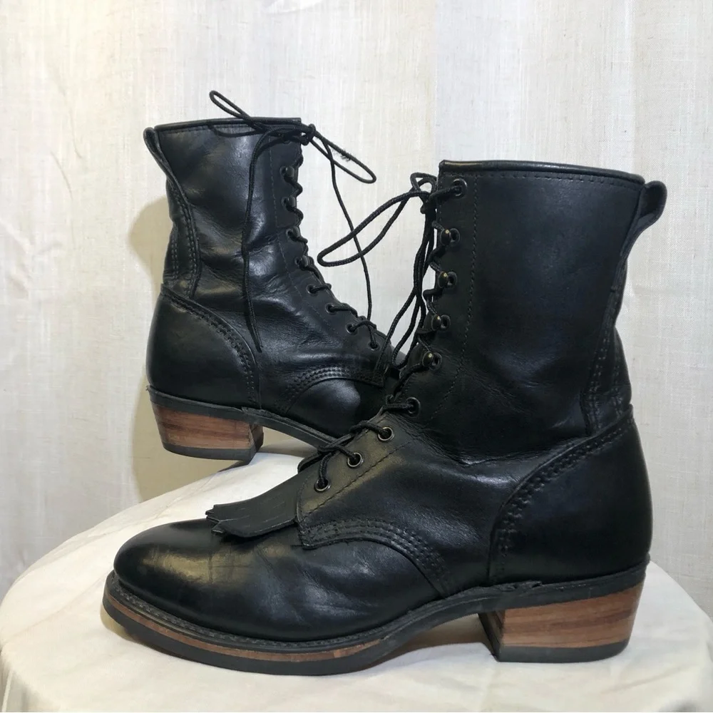 Vtg Durango Black Leather Lace-Up Fringe Kiltie Packer Boots